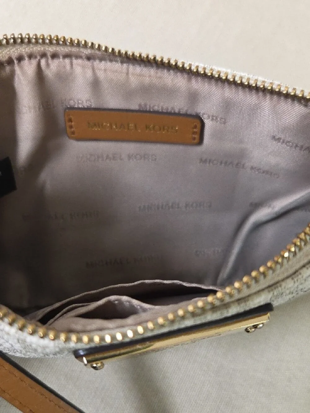 Michael Kors Beige/White Logo Wristlet Clutch